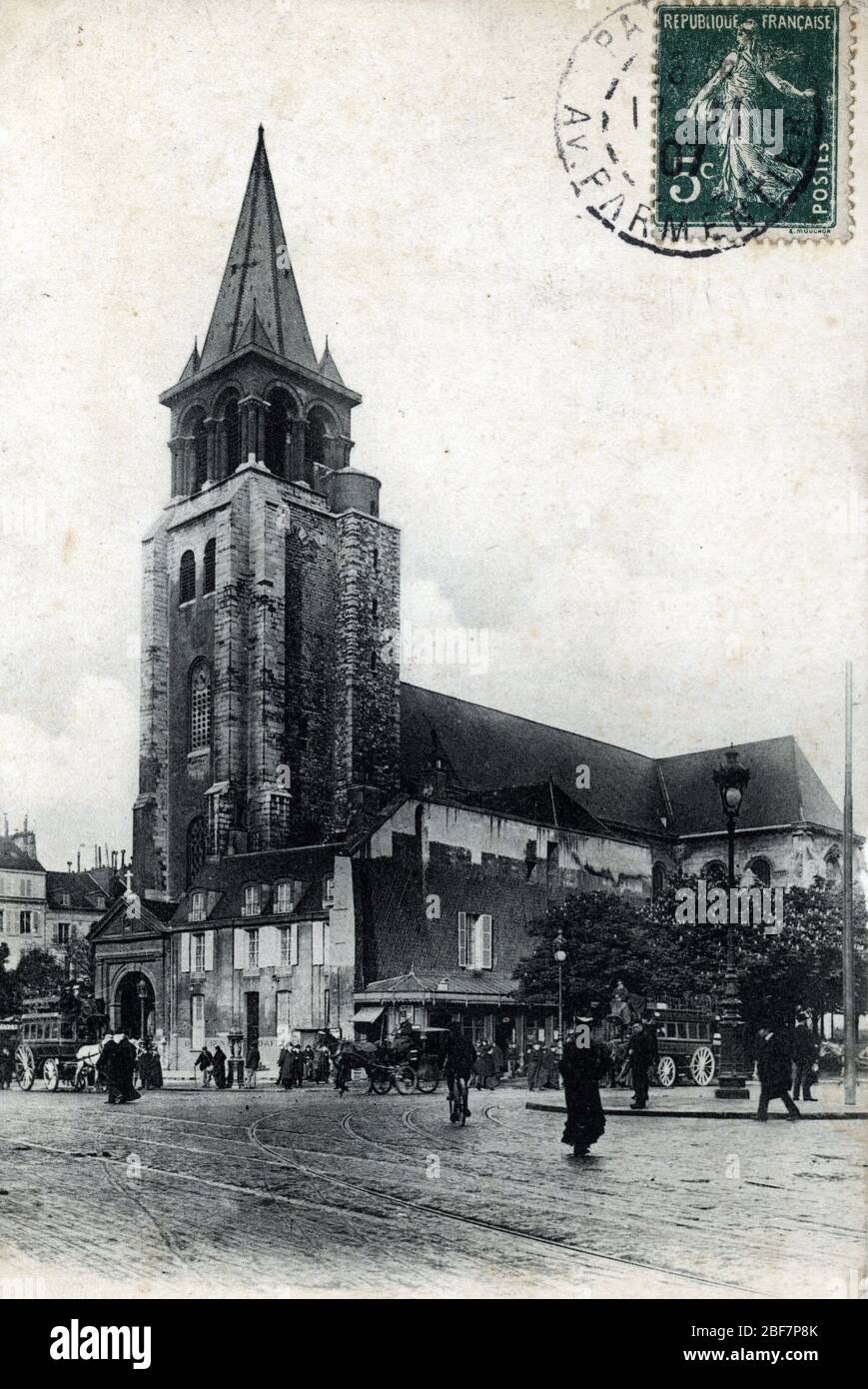 Vue de l'eglise de Saint Germain des Pres (saint-germain-des-pres) dans le quartier latin a Paris - postcard 1907 ca Private collection Stock Photo