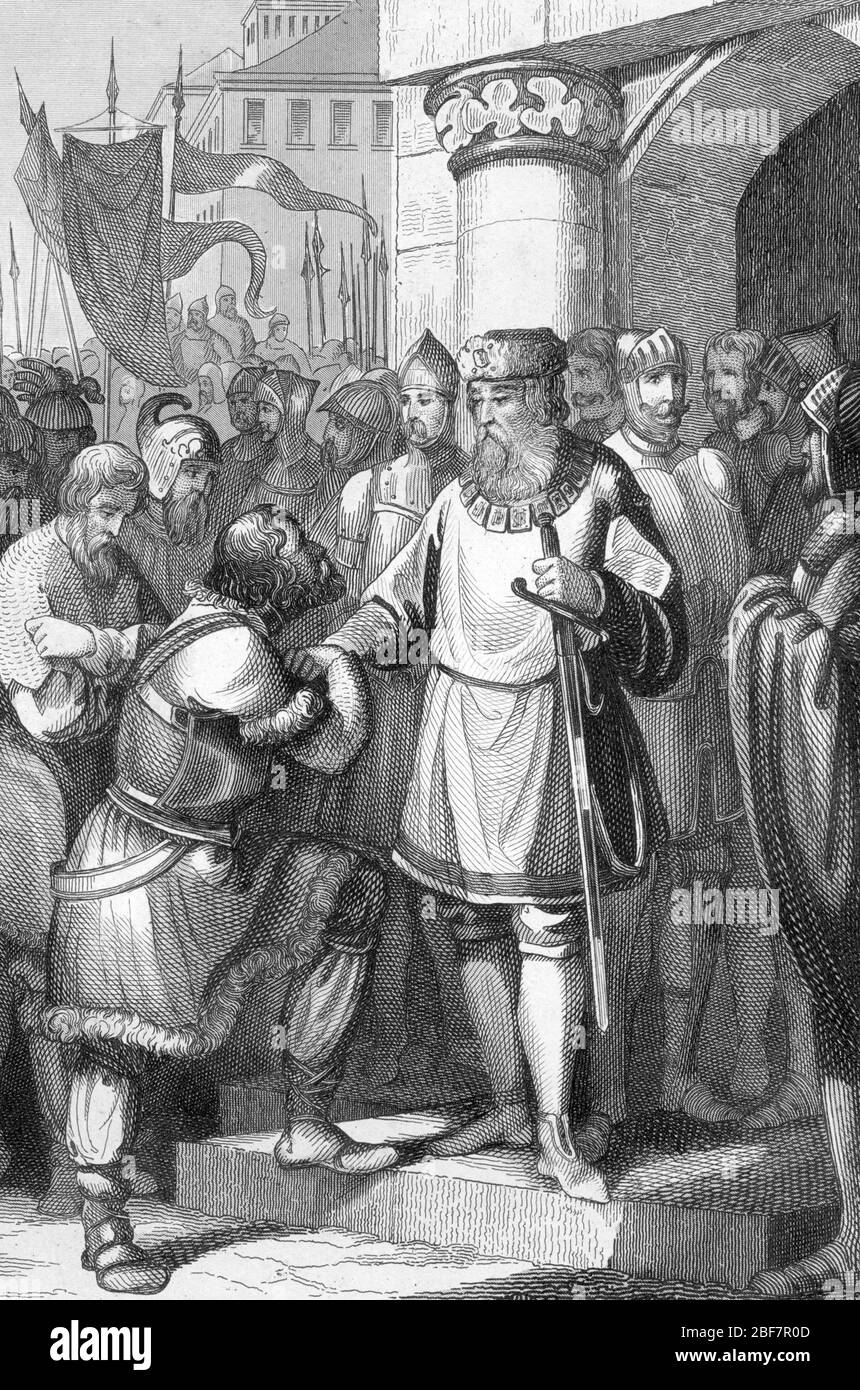 "Widukind de Saxe (ou Wittekind de Saxe) (mort en 810) face a Charlemagne qui le convainc de se baptiser en 785, a Attigny (Ardennes)" (Charlemagne (7 Stock Photo