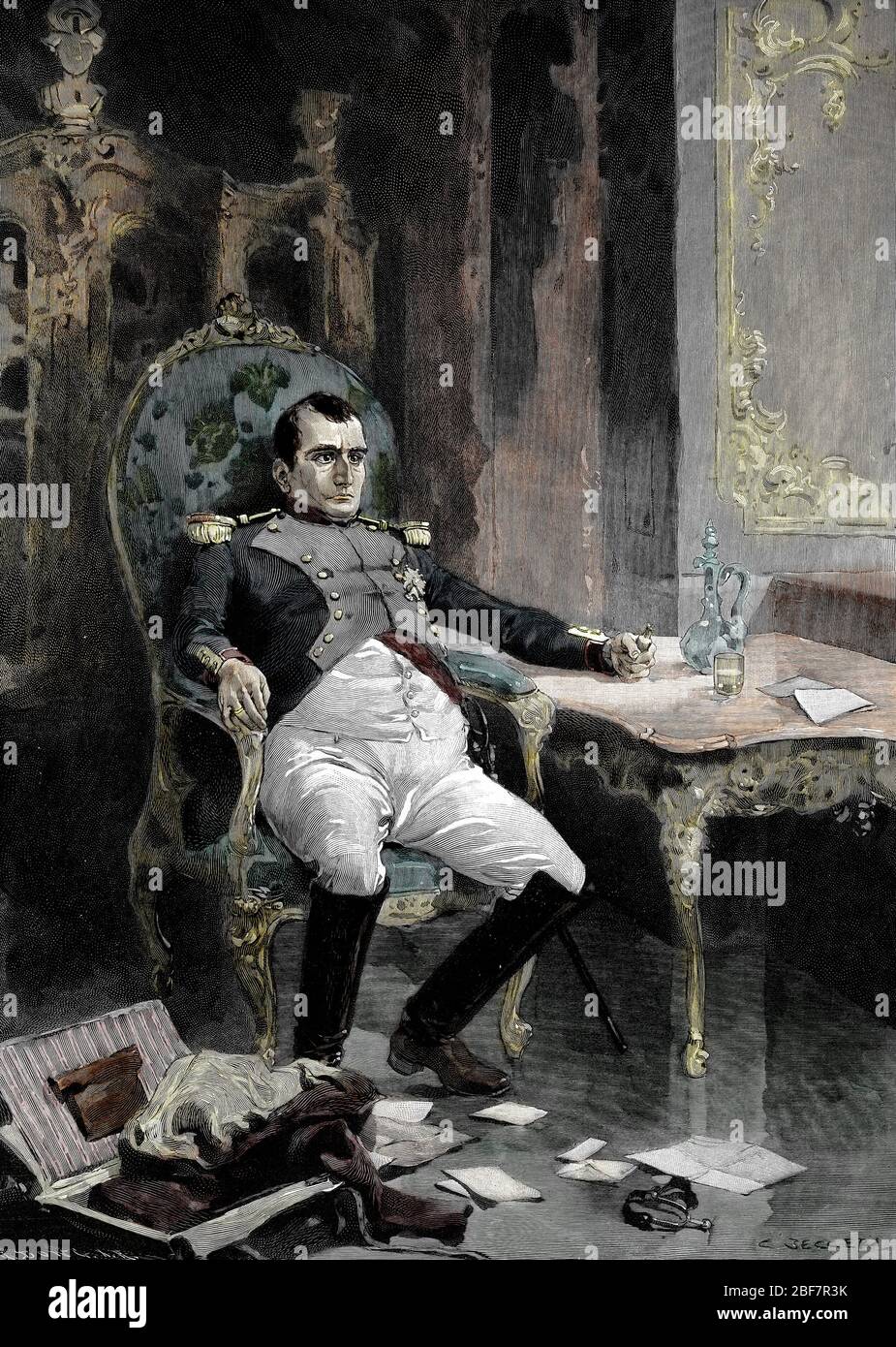 Tentative de suicide le 12 avril 1814 de l''empereur Napoleon Ier prenant du poison apres son abdication le 4 avril 1814 (Napoleon I trying to commit Stock Photo