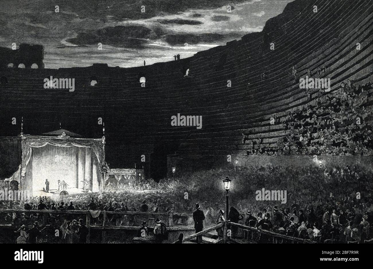 Vue d'un spectacle organise dans l'arena (amphitheatre ou arene) de Verone, Italie 19eme siecle (View of Verona Arena during a summer representation 1 Stock Photo