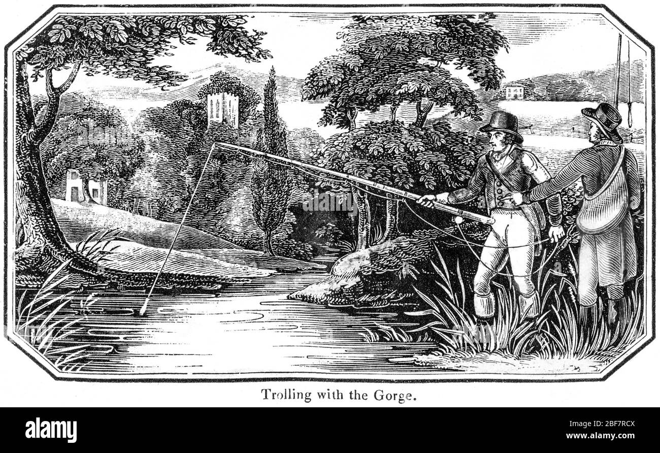 An engraving of Trolling with the Gorge scanned at high resolution from an angling book printed in 1825.  Believed copyright free. Stock Photo