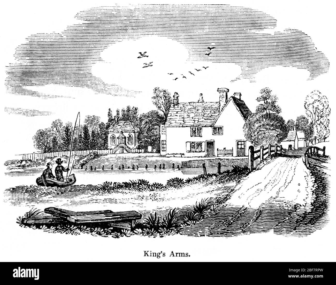 An engraving of The Kings Arms (now Ye Old Rye House Inn) Hoddesdon scanned at high resolution from an angling book printed in 1825. Stock Photo