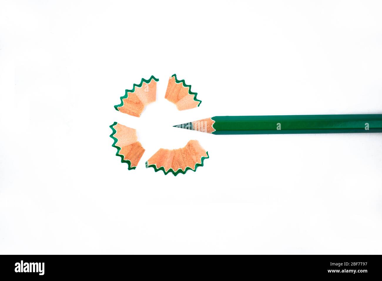 Green colored wood pencil crayon and some pencil shavings arranged as a circle on a white background Stock Photo