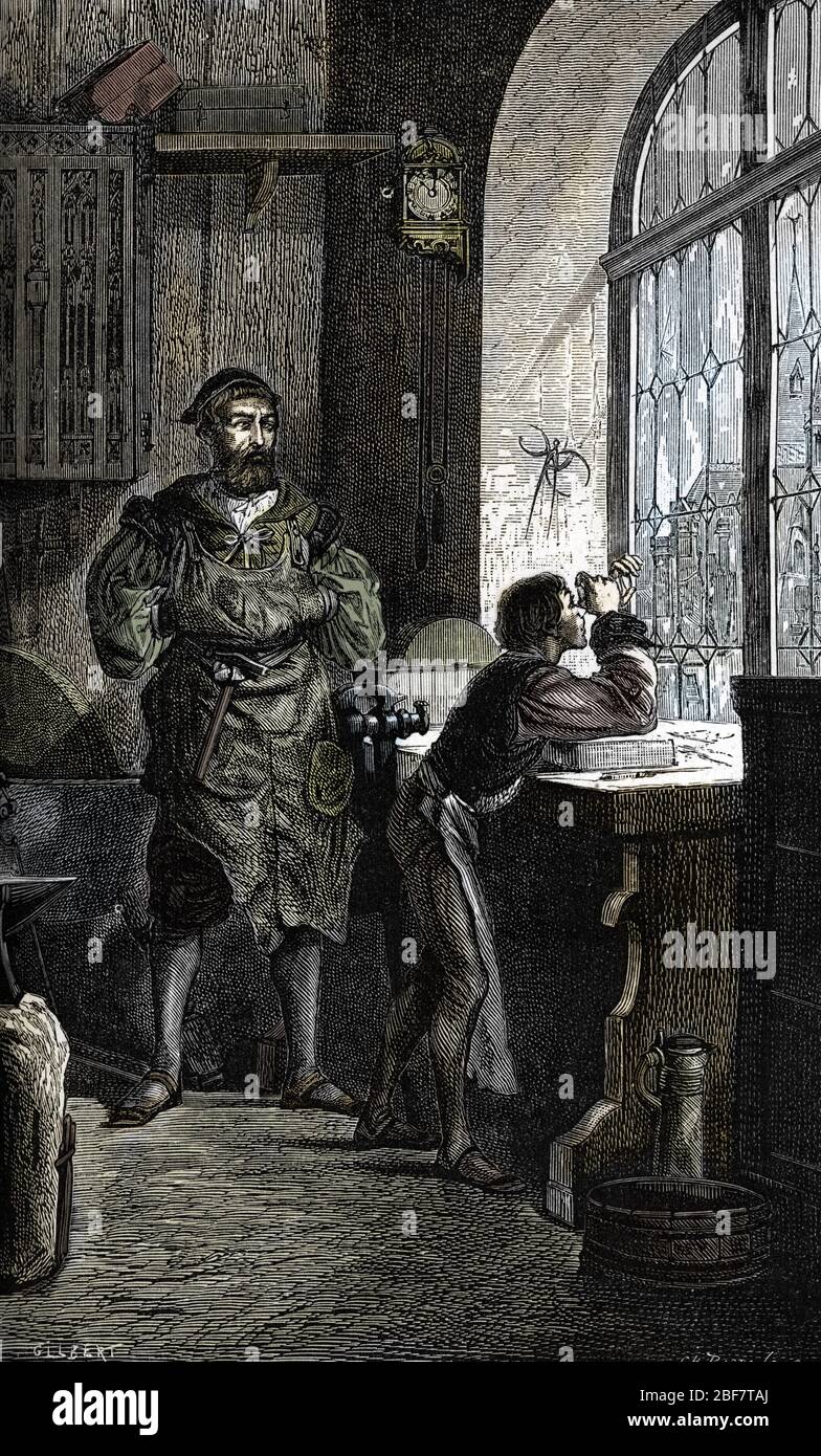 Prismes et lentilles : le hollandais Jacob Metzu (Jacques Metius), decouvre le telescope par hasard en 1609, en observant son fils jouer avec des verr Stock Photo