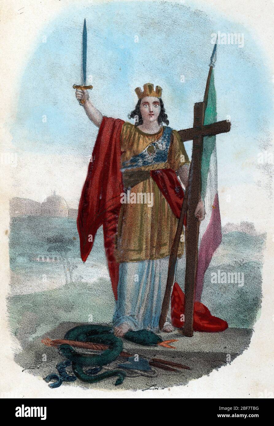 Risorgimento : representation allegorique de l'Italie triomphant du serpent de l'eglise corrompue et levant l'epee, la croix et le drapeau symbole du Stock Photo