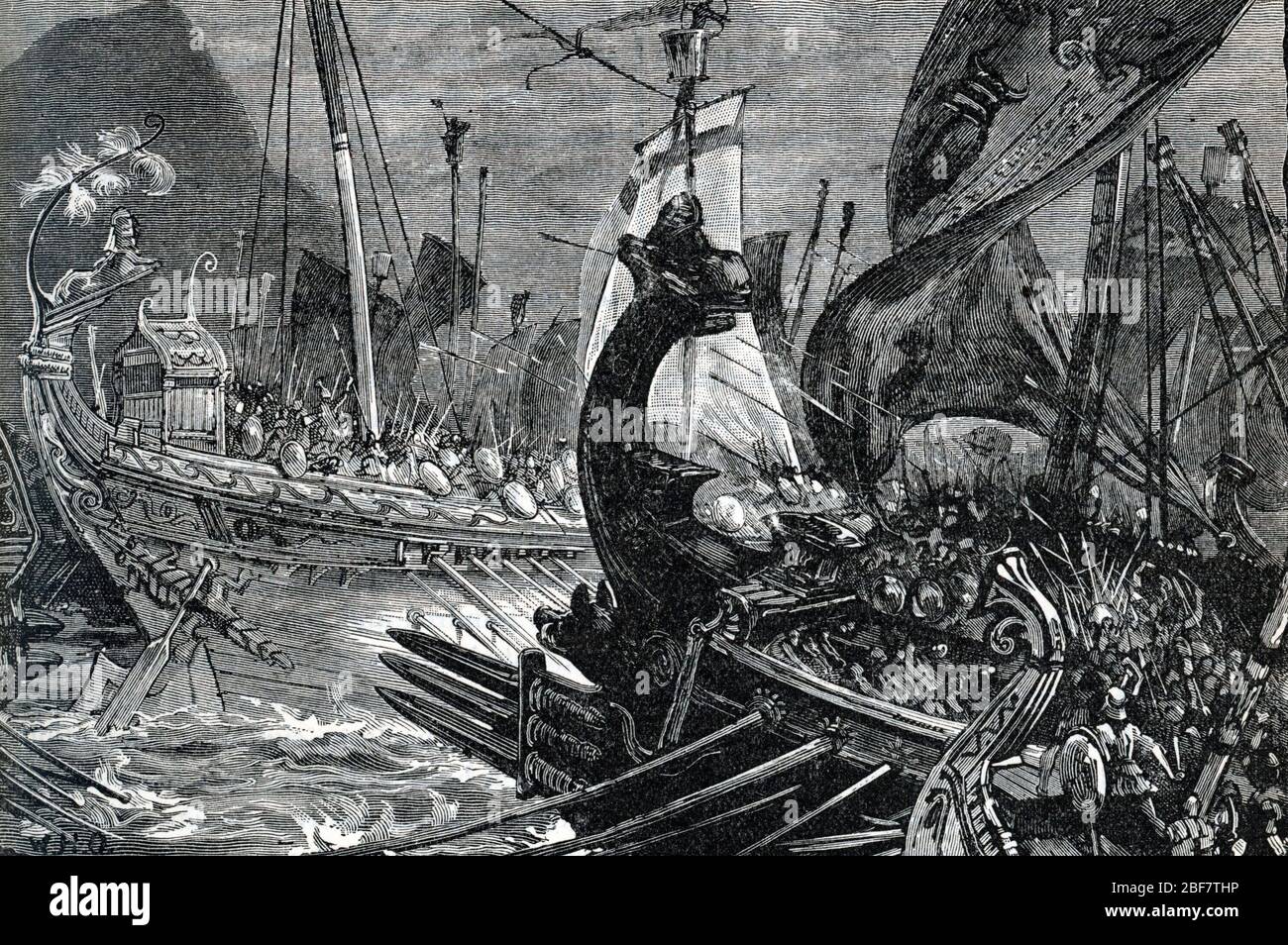 'Representation de la bataille de Salamine en 480 avant JC qui opposa flotte grecque menee par Eurybiade et Themistocle a la flotte perse de Xerxes Ie Stock Photo
