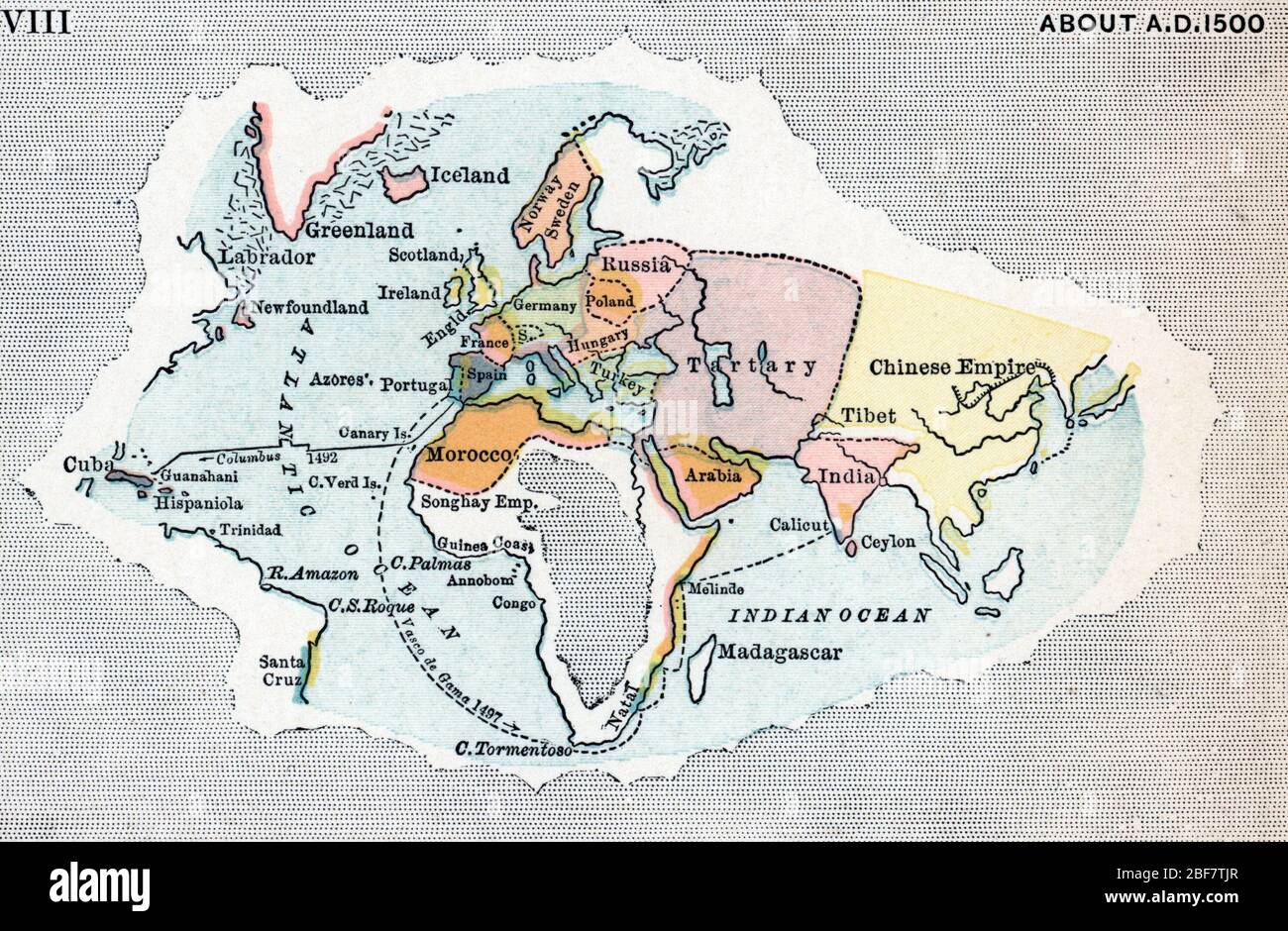 Carte geographique du monde tel qu'il etait connu en 1500 (Map of the world as it was known in 1500) Gravure tiree de 'History of the world' de Ridpat Stock Photo