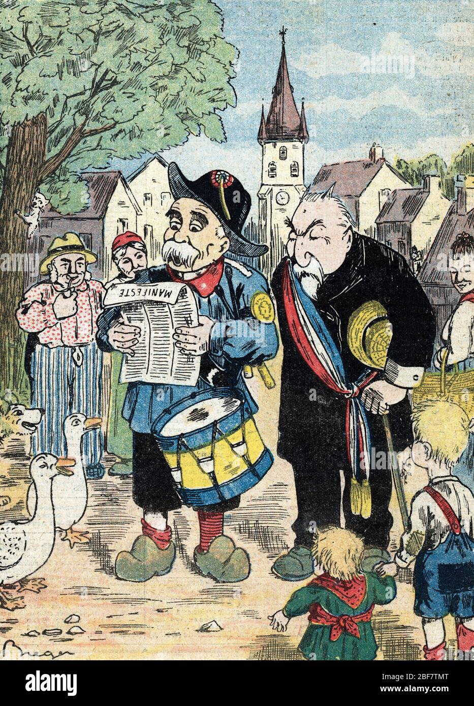 Caricature representant Georges Clemenceau et Emile Combes faisant campagne ensemble dans les campagnes francaises pour les elections de 1913 (Caricat Stock Photo