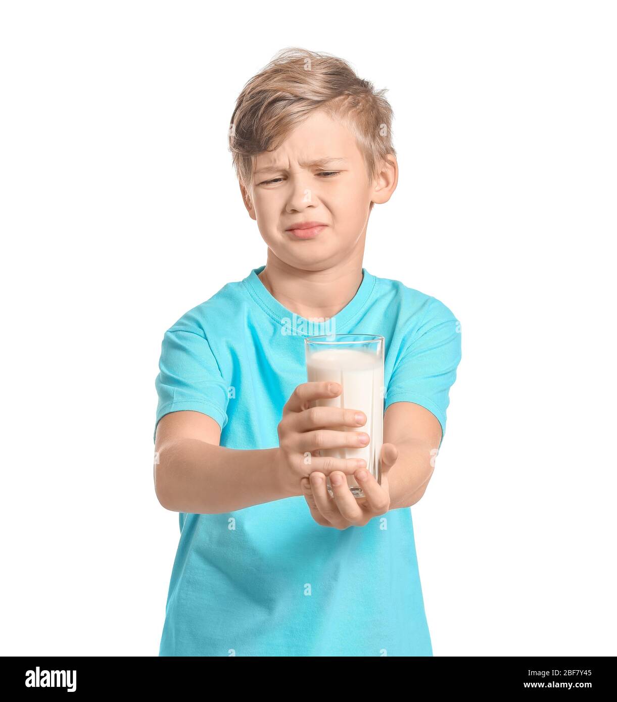 Little boy with dairy allergy on white background Stock Photo Alamy