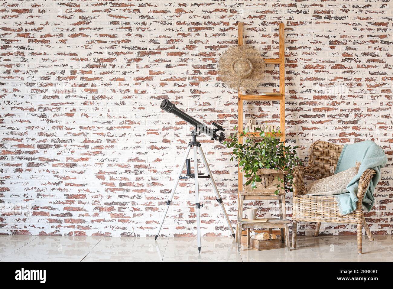 Interior of modern room with telescope Stock Photo Alamy