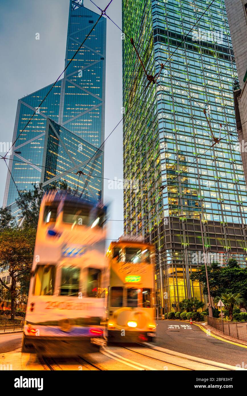 Motion blurred double-decker trams, Hong Kong, SAR, China Stock Photo