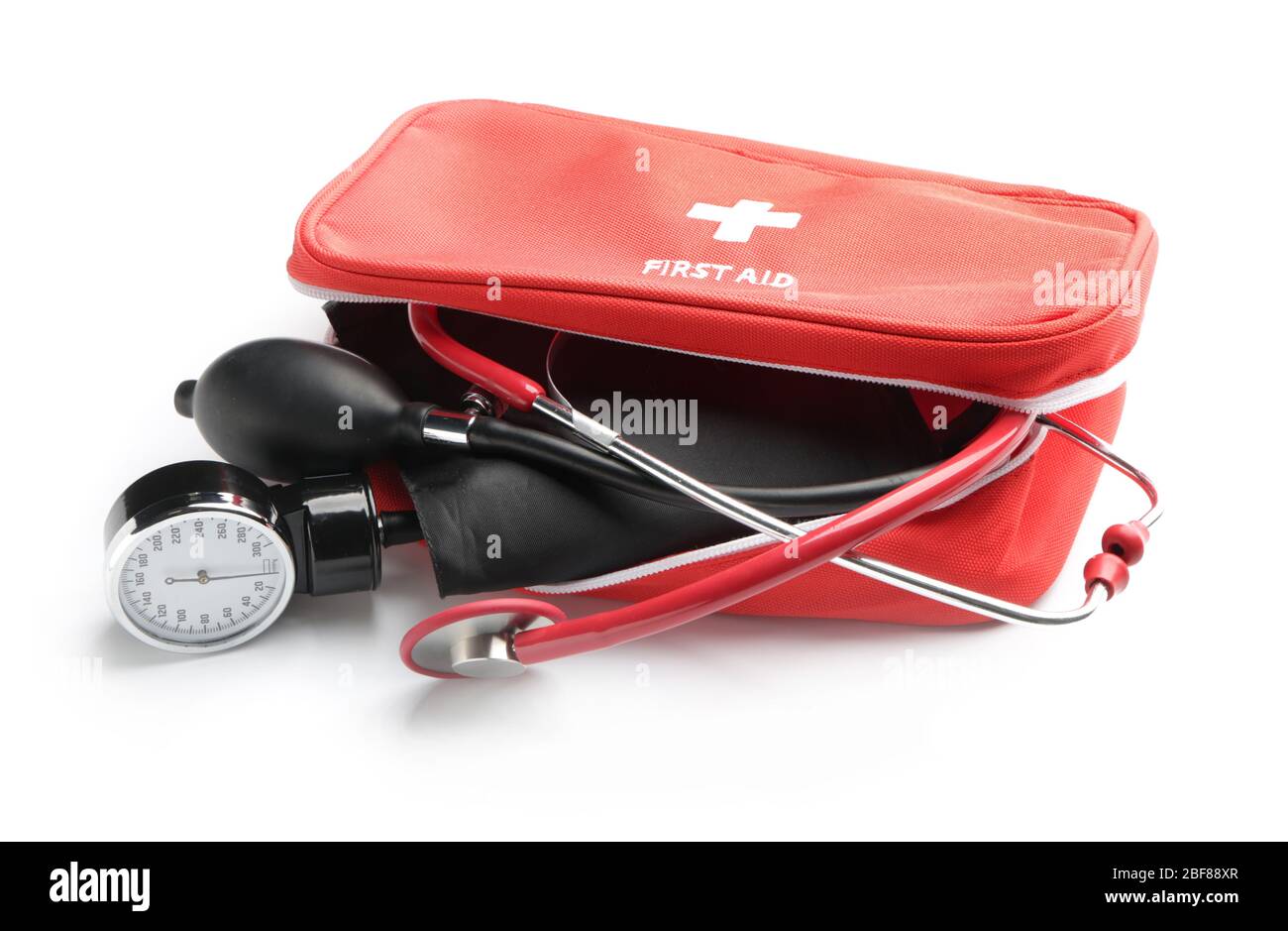 Bag with sphygmomanometer and stethoscope on white background Stock Photo Alamy