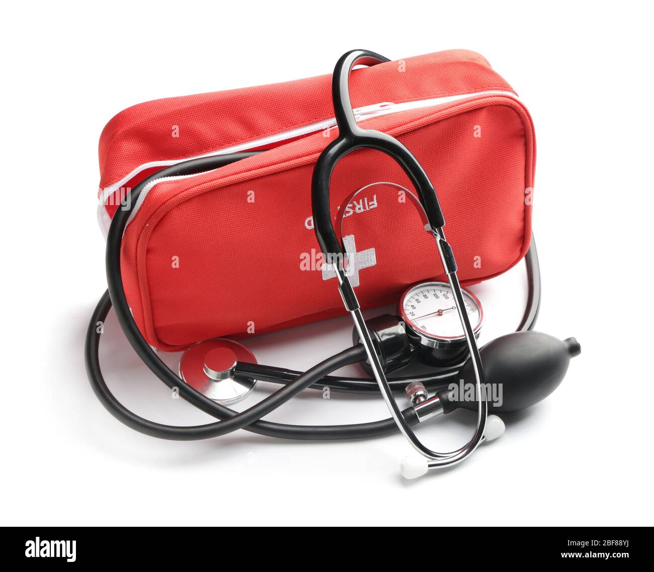 Bag with sphygmomanometer and stethoscope on white background Stock Photo Alamy