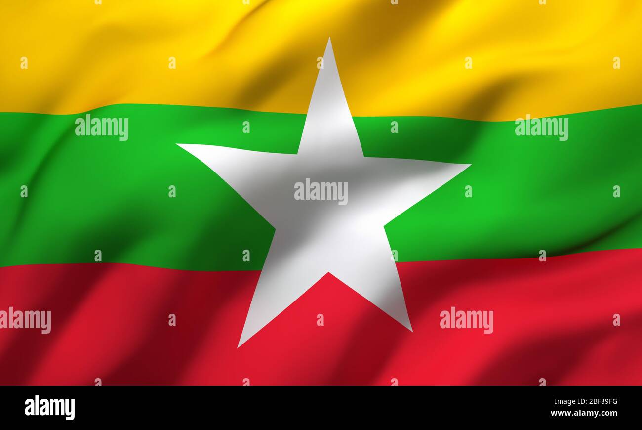 Flag of Myanmar blowing in the wind. Full page Myanma flying flag. 3D ...