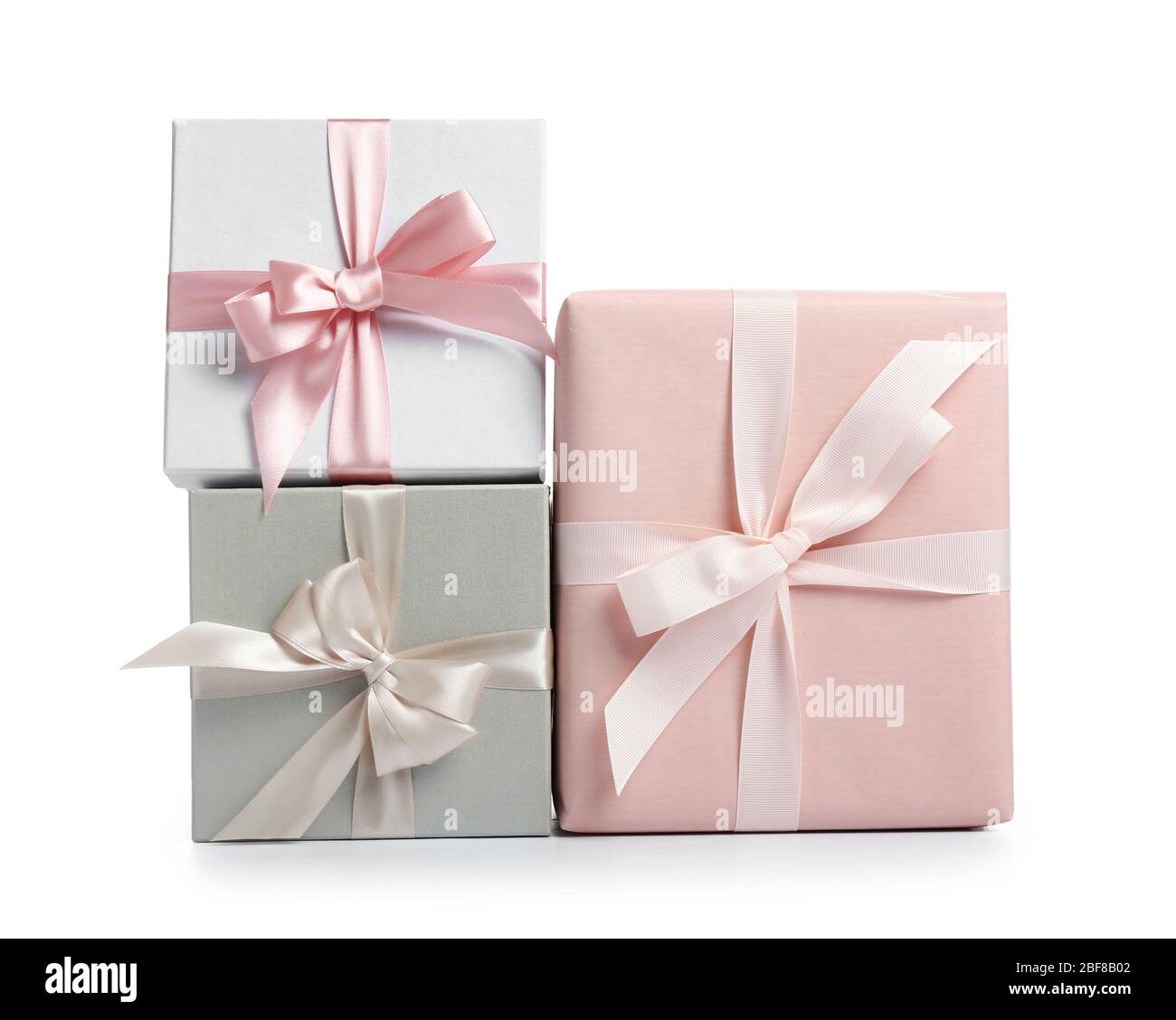 Beautiful gift boxes on white background Stock Photo