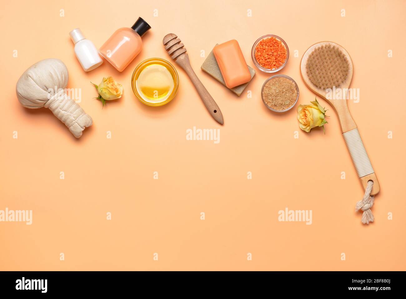 Composition with spa items and honey on color background Stock Photo