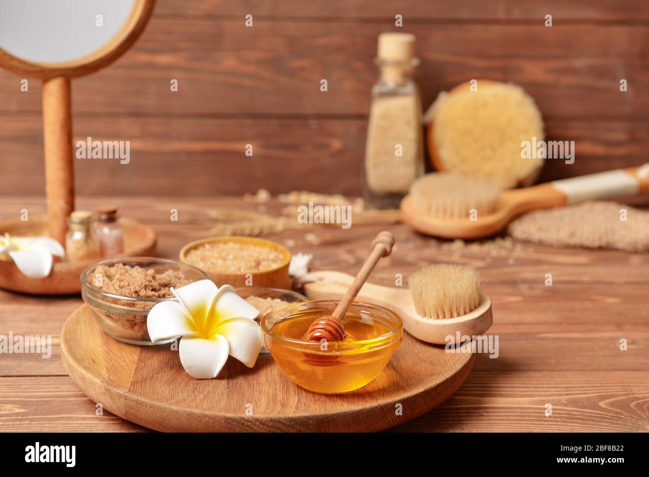 Composition with spa items and honey on table Stock Photo