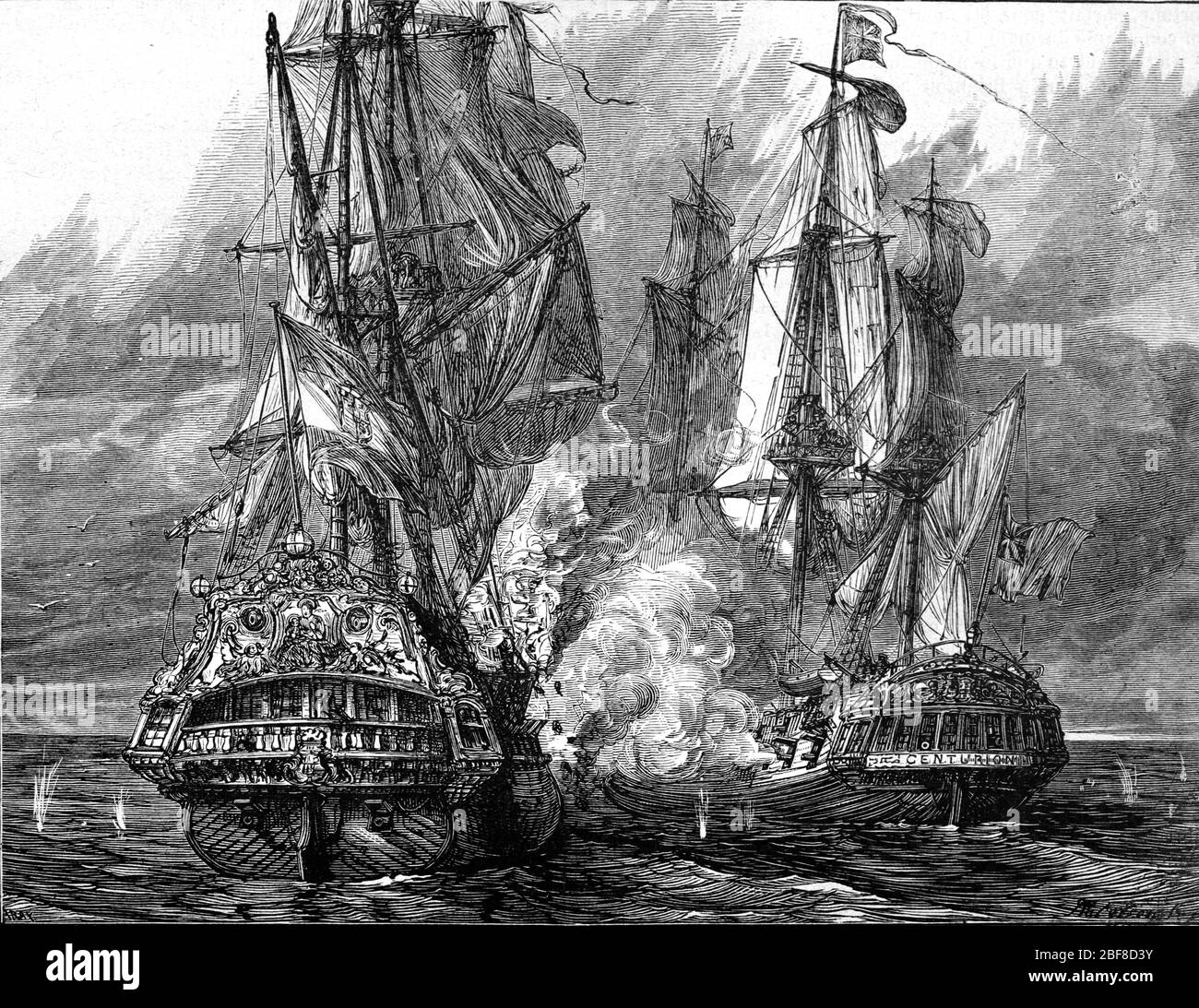 George Anson, Captain of HMS Centurion Warship, in Sea Battle & Capture of Spanish Galleon or Merchant Ship Nuestra Senora del Monte Carmelo (in 1741) off Coast of South America. Vintage or Old Illustration or Engraving 1889 Stock Photo