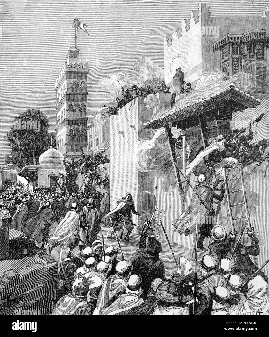 Battle of Mazagrin, February 1840, between Arab and Berber forces against French troops during the French Conquest of Algeria. Vintage or Old Illustration or Engraving 1889 Stock Photo