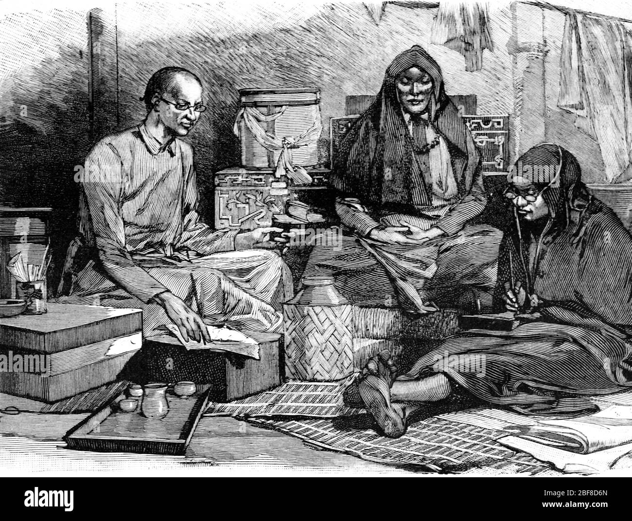 Buddhist Priests in Temple Indochina or Vietnam. Vintage or Old Illustration or Engraving 1889 Stock Photo