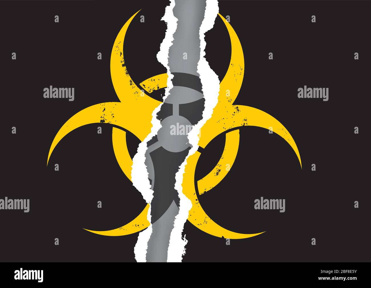 Ripped paper with biohazard symbol,hidden danger. Illustration of black torn paper backround with yellow biohazard icon. Vector available. Stock Vector