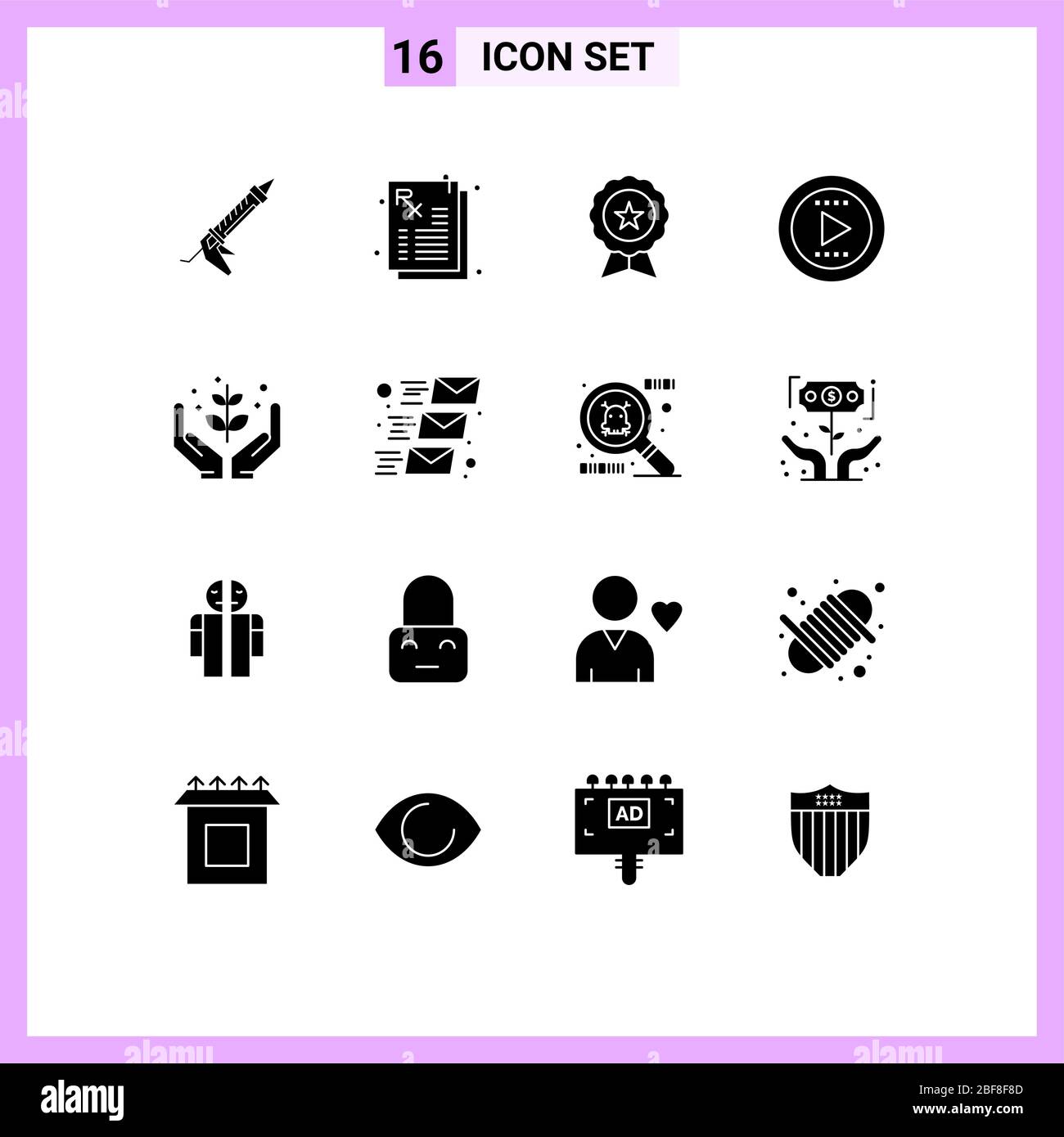 User Interface Pack of 16 Basic Solid Glyphs of farming, play, badge, media, trusted Editable Vector Design Elements Stock Vector