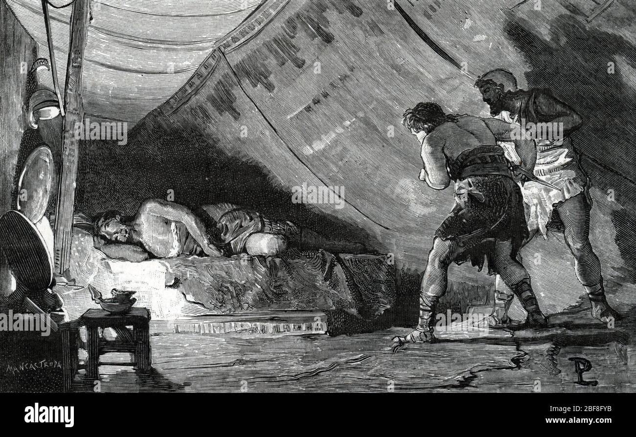 Antiquite romaine : "Viriate (ou Viriathe) (180-139 avant JC) assassine par pendant son sommeil 139 avant JC" (Death of Viriathus 139 BC) Gravure tire Stock Photo