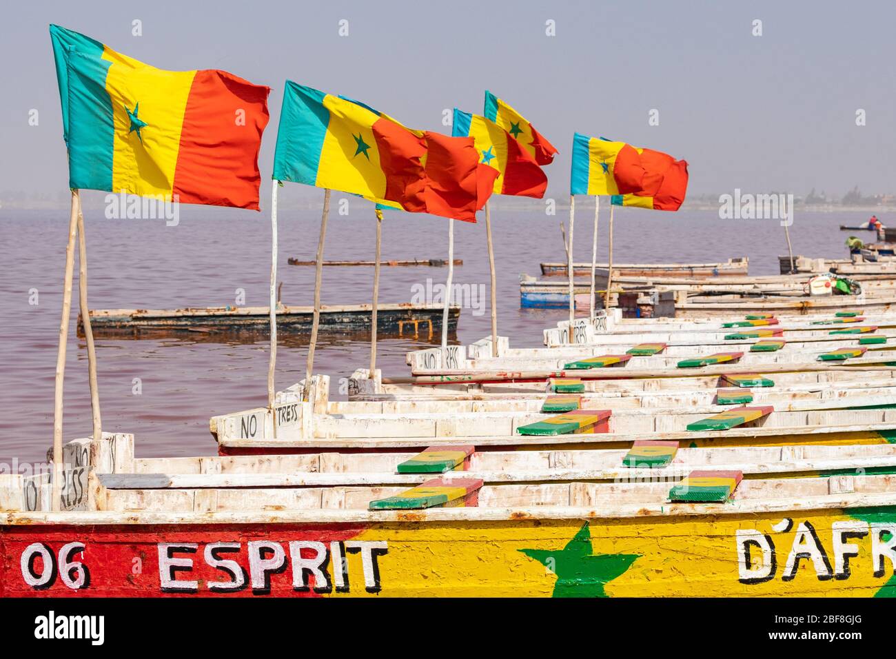 Boats at Lac Rose or Retba Lake. Dakar. Senegal. West Africa. UNESCO World Heritage. - Stock Image