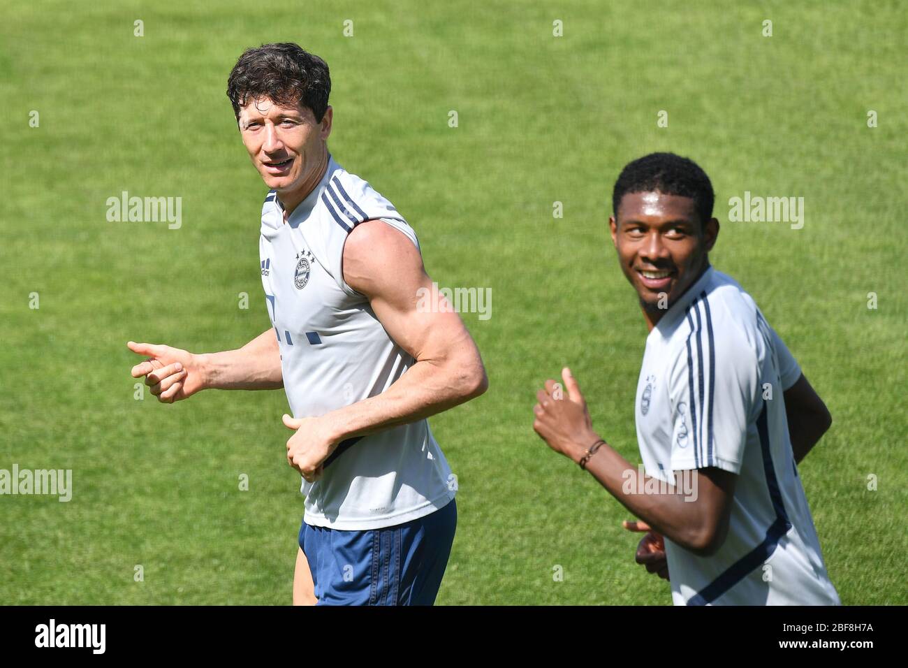 Munich Deutschland 17th Apr 2020 From Left Robert Lewandowski Fc Bayern Munich David Alaba Fc Bayern Munich Action Fc Bayern Munich Training In The Coronavirus Pandemic In Small Groups Training On Saebener