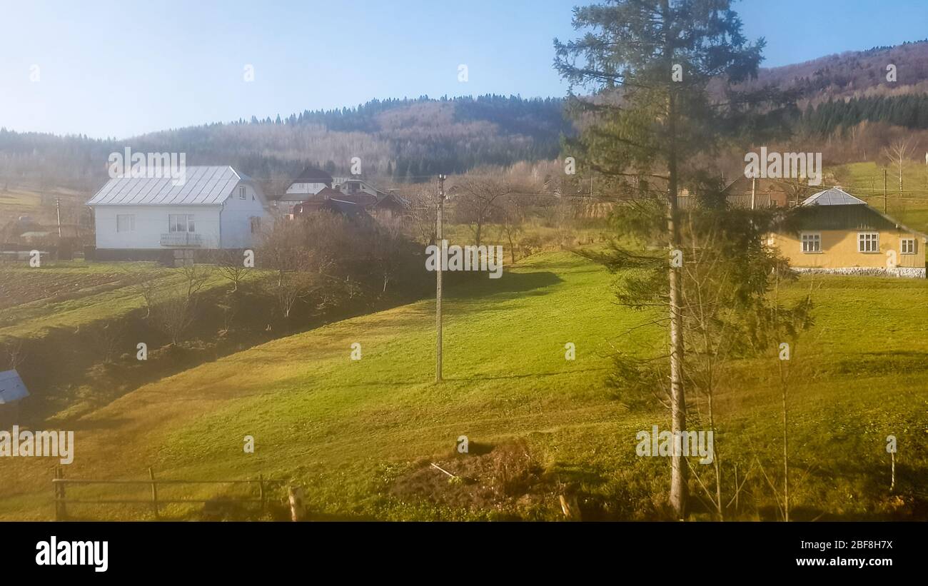 Landscape view of a mountain village in the Carpathians in the fall ...