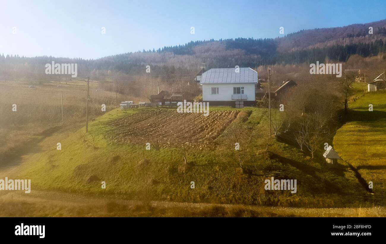 Landscape view of a mountain village in the Carpathians in the fall ...