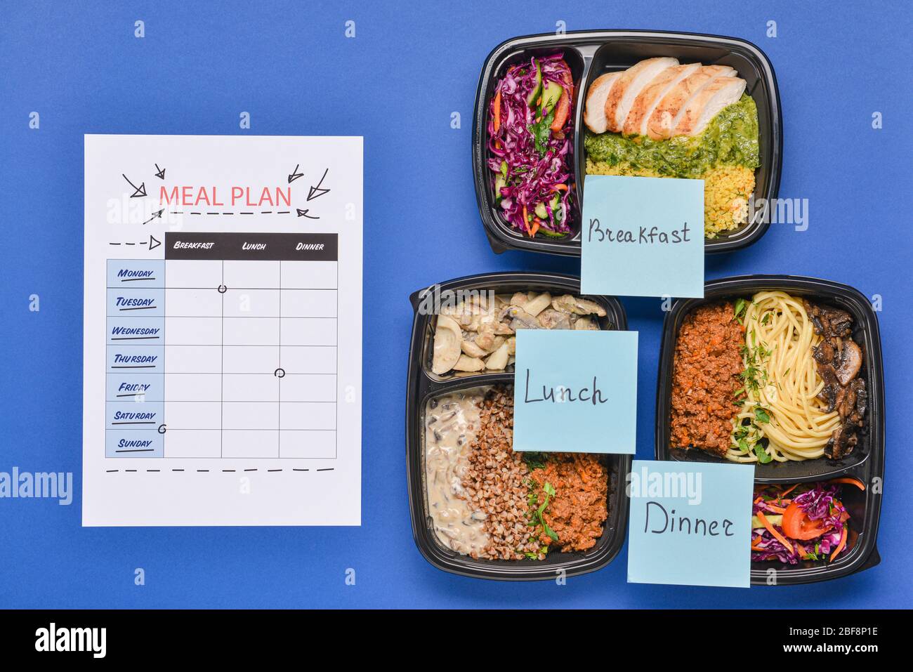 Food Container Plan Containers with healthy food and meal plan on color background Stock ...