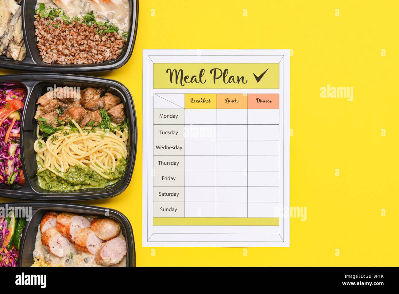 Food Container Plan Containers with healthy food and meal plan on color background Stock ...