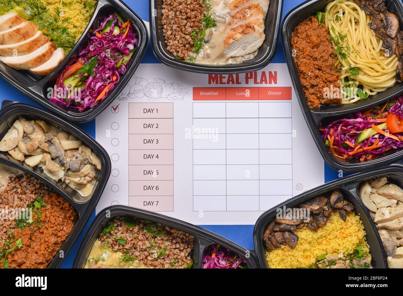 Food Container Plan Containers with healthy food and meal plan on color background Stock ...