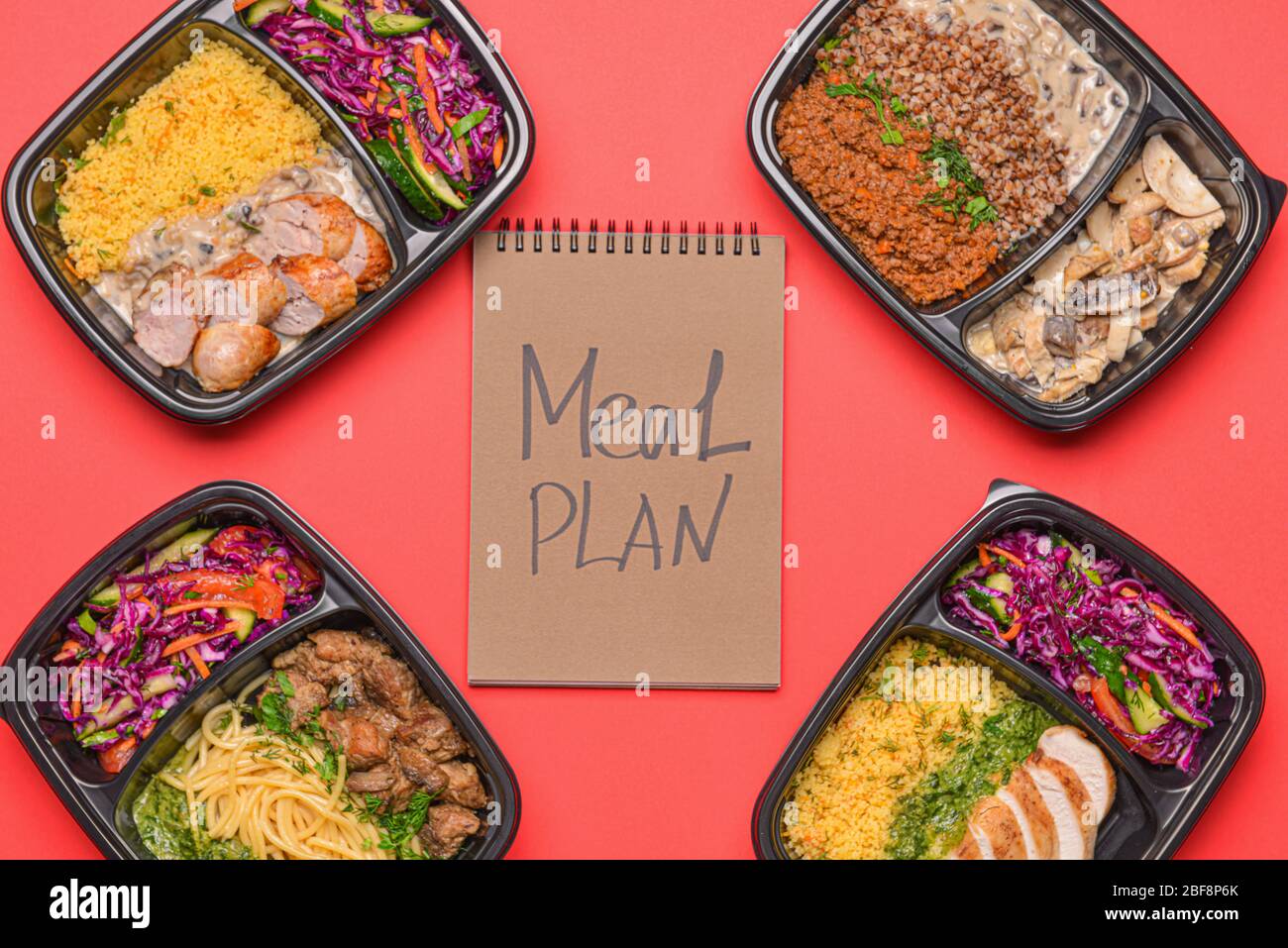 Food Container Plan Containers with healthy food and meal plan on color background Stock ...