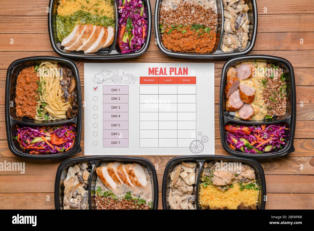 Food Container Plan Containers with healthy food and meal plan on wooden background Stock ...