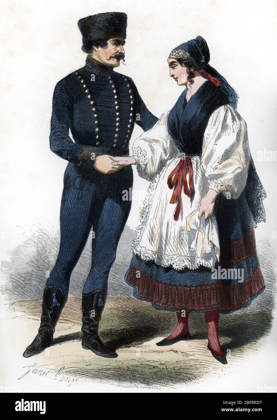 Un couple compose d'un militaire et d'une paysanne de la ville de Jaszbereny en Hongrie 1850 (Couple from Jaszbereny Hungary) engraving from 'La Hongr Stock Photo