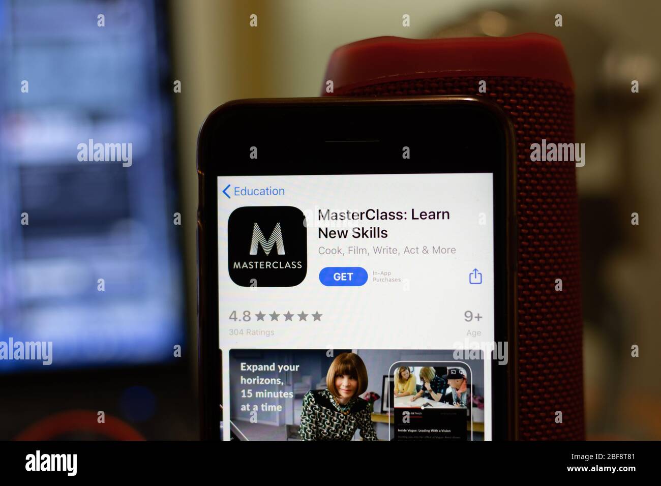 Los Angeles, California, USA - 16 April 2020: MasterClass logo on screen close up. App store icon visible on phone display with blurry background Stock Photo