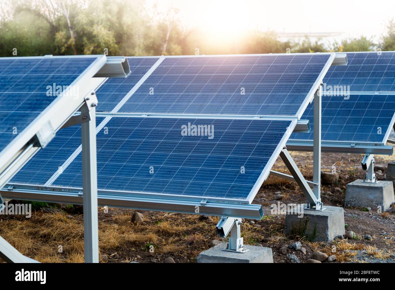 Solar panels in the desert. Ecological power generator. Alternative energy source. photovoltaic. Electricity. Stock Photo