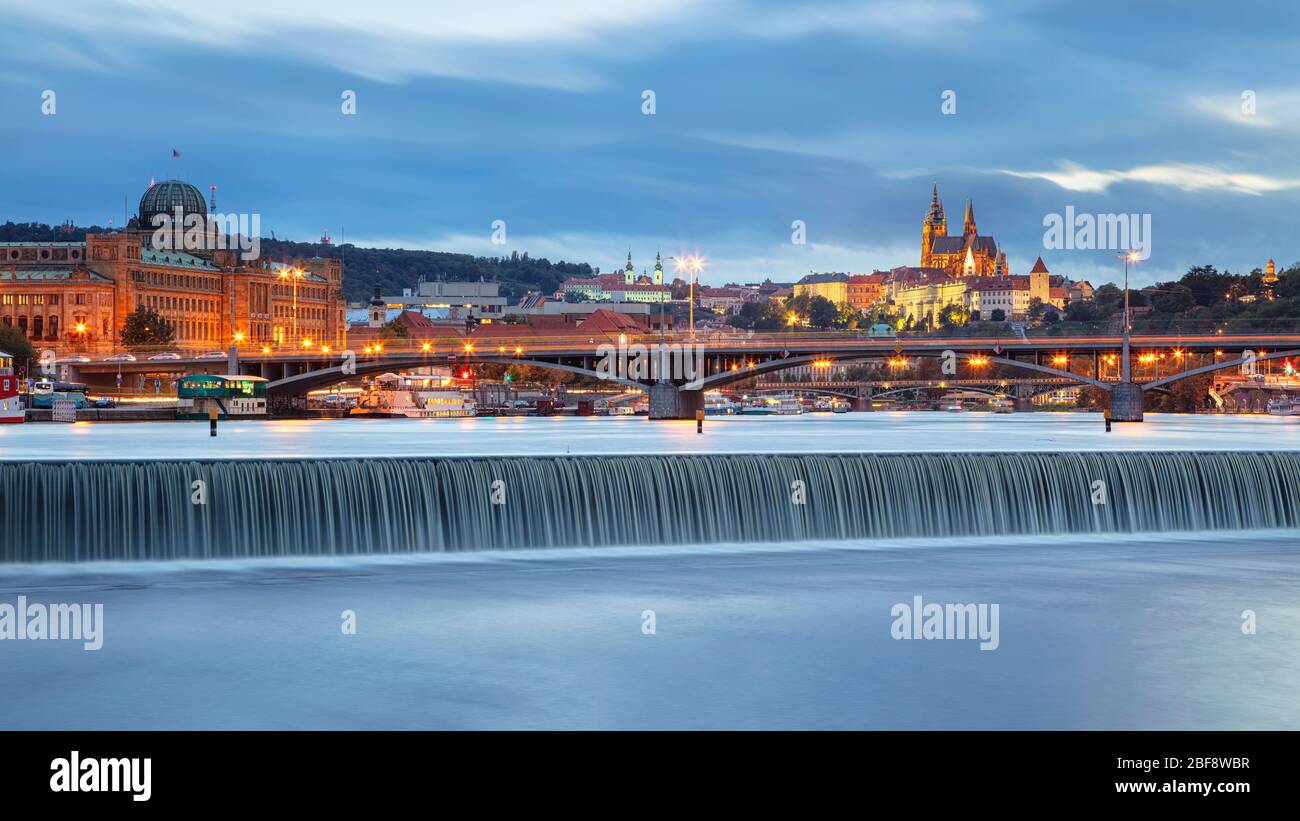 Prague. Panoramic cityscape image of Prague, capital city of Czech Republic, during twilight blue hour. Stock Photo