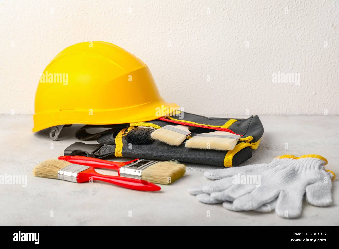 Builder's supplies on white background Stock Photo