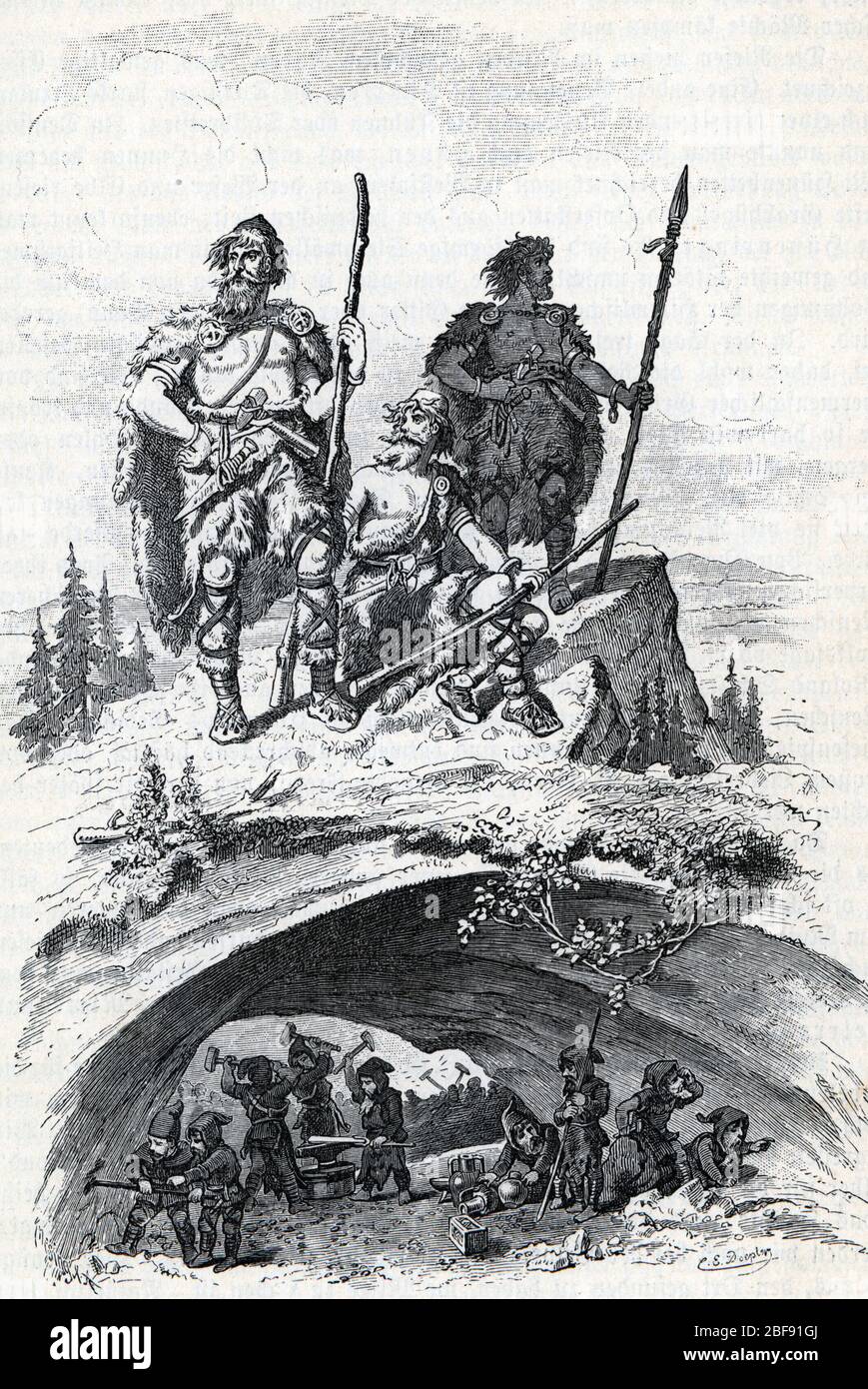 Mythologie nordique : les nains et les geants (jotunn ou jotnar) (Norse mythology : the jotun, giants and the dwarves (dvergr)) Gravure tiree de 'Nord Stock Photo