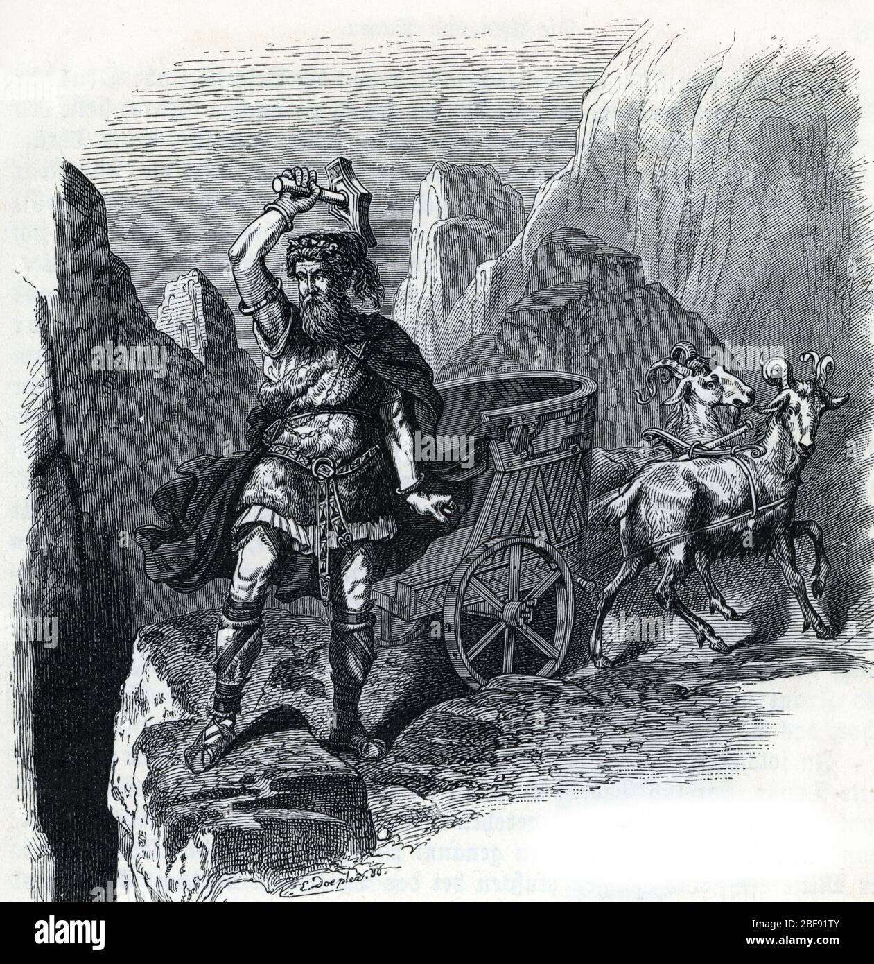 Mythologie nordique :  representation du dieu Donar ou Thor (Norse mythology : Donar or Thor) Gravure tiree de 'Nordisch-germanische Gotter und Helden Stock Photo