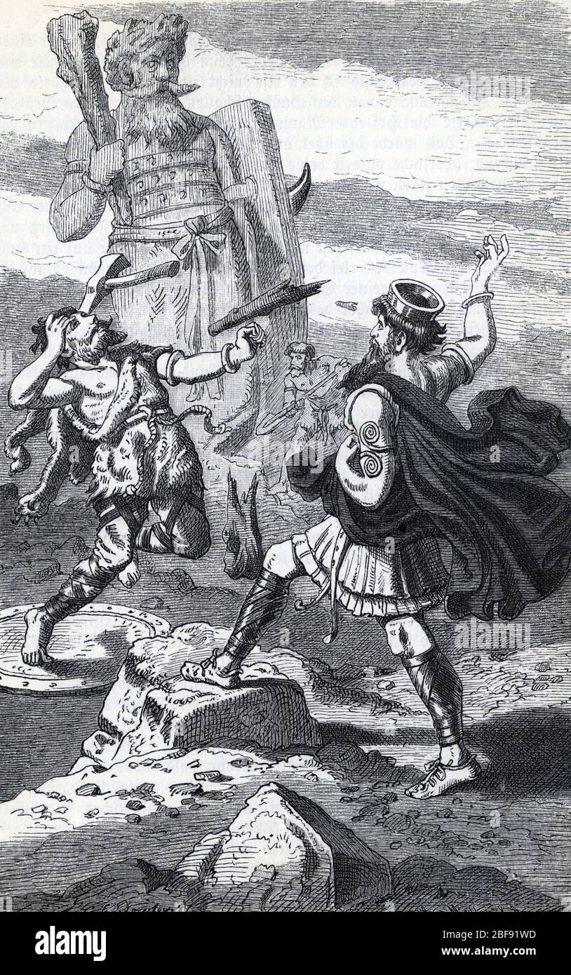 Mythologie nordique :  representation de Thor combattant le geant Hrungnir (Norse mythology : Thor (Donar), Germanic God of the thunder, duel with the Stock Photo