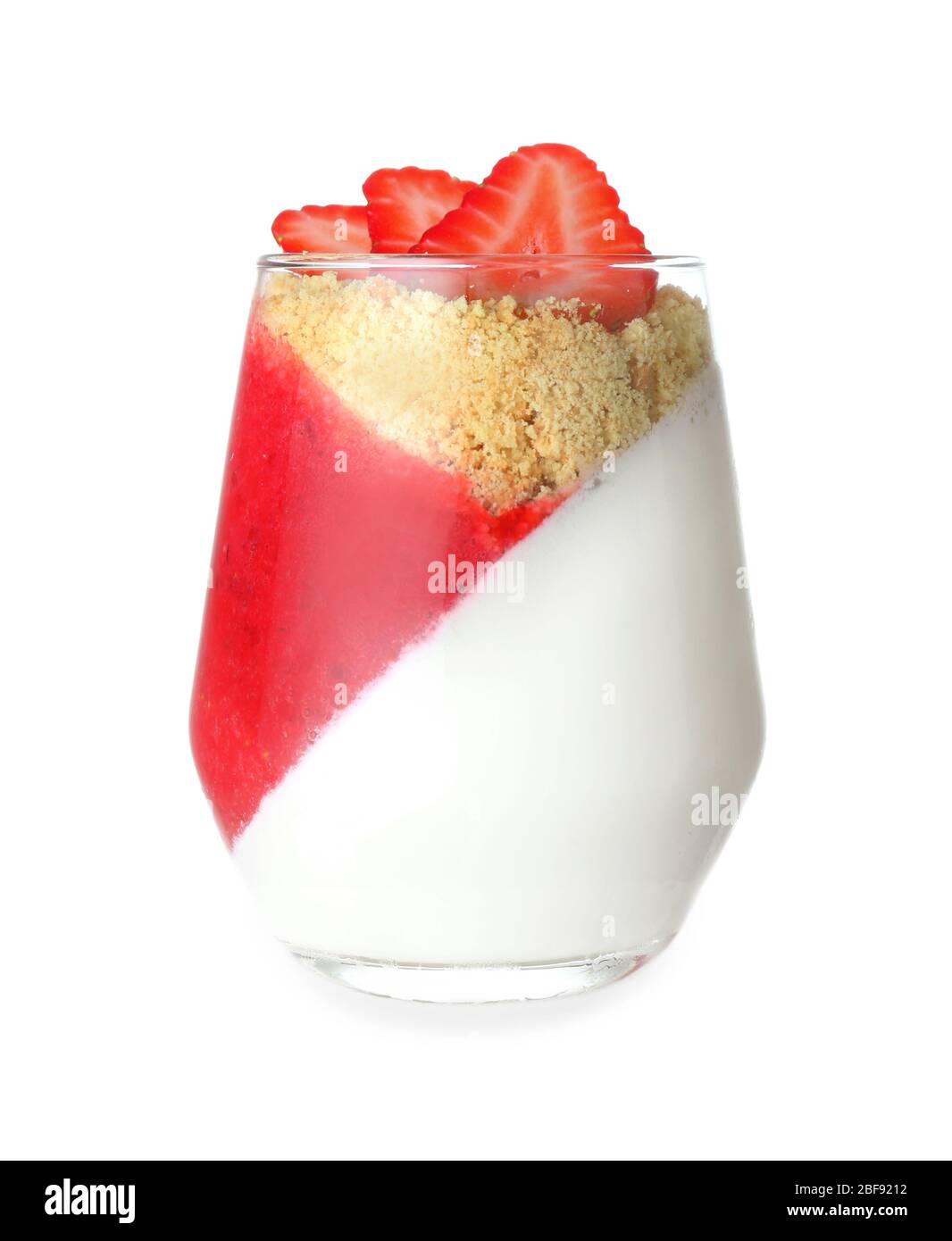 Glass with tasty panna cotta on white background Stock Photo - Alamy