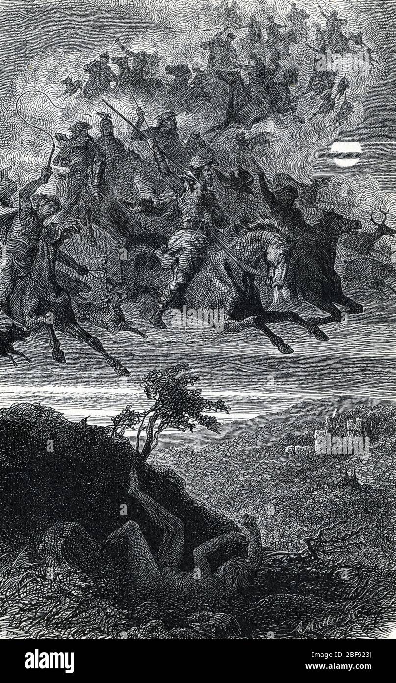 Mythologie nordique :  representation de la chasse fantastique (chasse aerienne, chasse sauvage) de Wotan (Norse mythology : Wild Hunt of Wotan) Gravu Stock Photo
