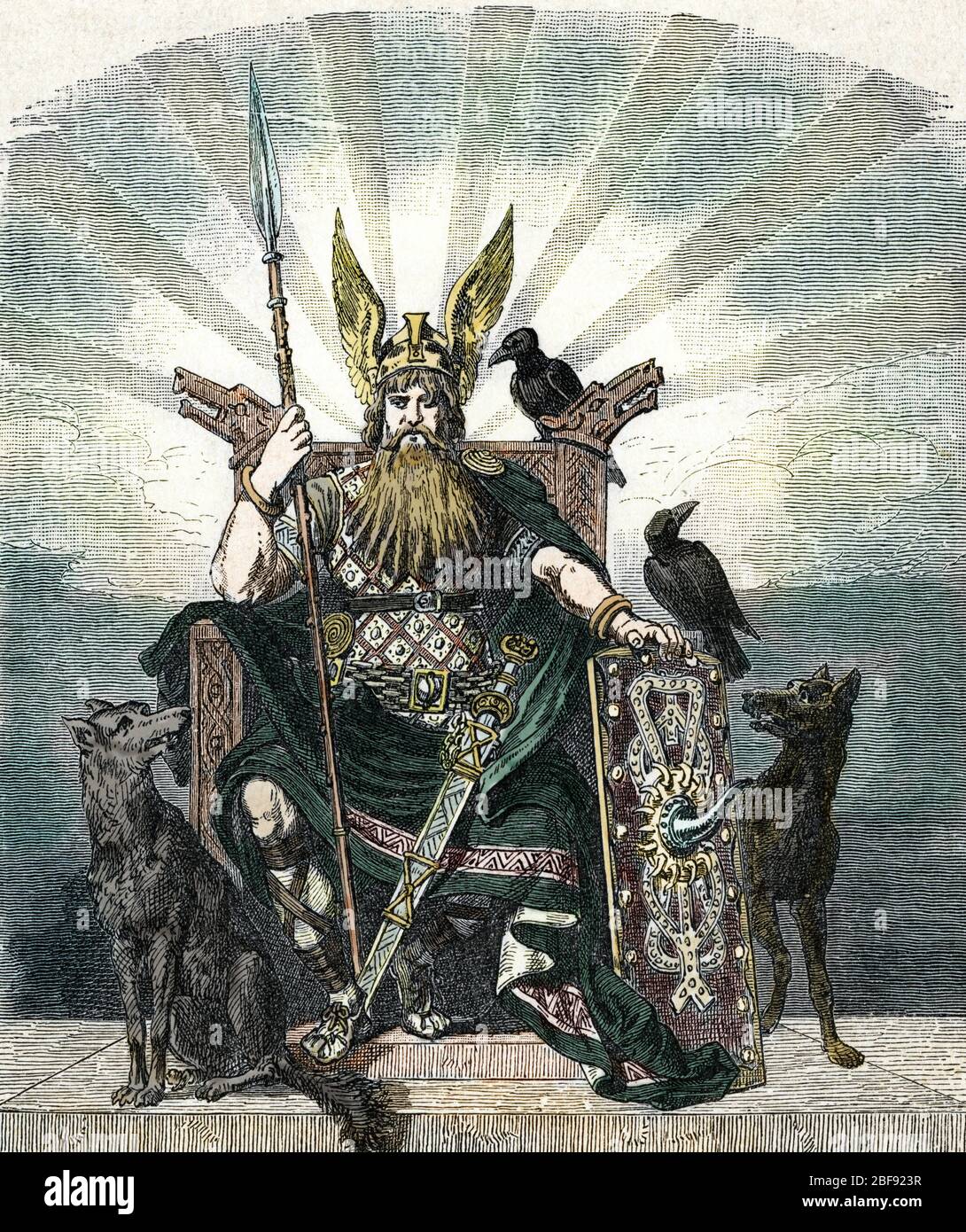 Mythologie nordique : Odin (Norse mythology : Odin) Gravure tiree de 'Nordisch-germanische Gotter und Helden' de Wilhelm wagner 1901 Collection privee Stock Photo