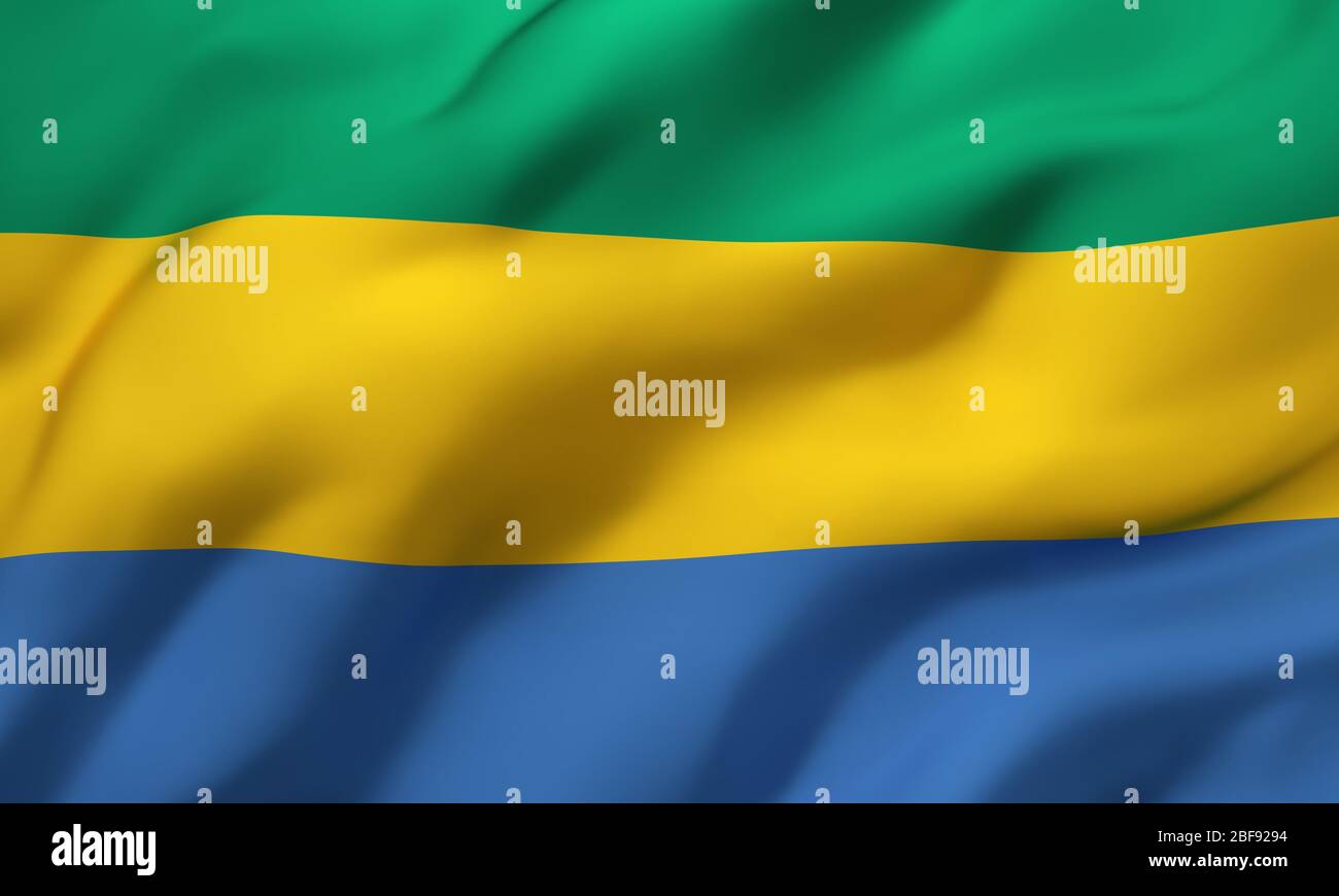 Flag of Gabon blowing in the wind. Full page Gabonese flying flag. 3D illustration. Stock Photo