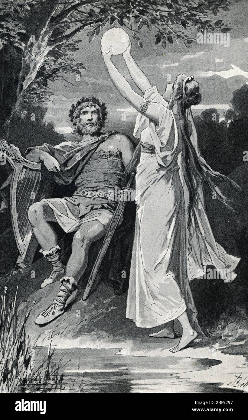 Mythologie nordique : representation de Bragi et d'Idunn et ses pommes de l'eternelle jeunesse (Norse mythology : Idun goddess associated with apples Stock Photo