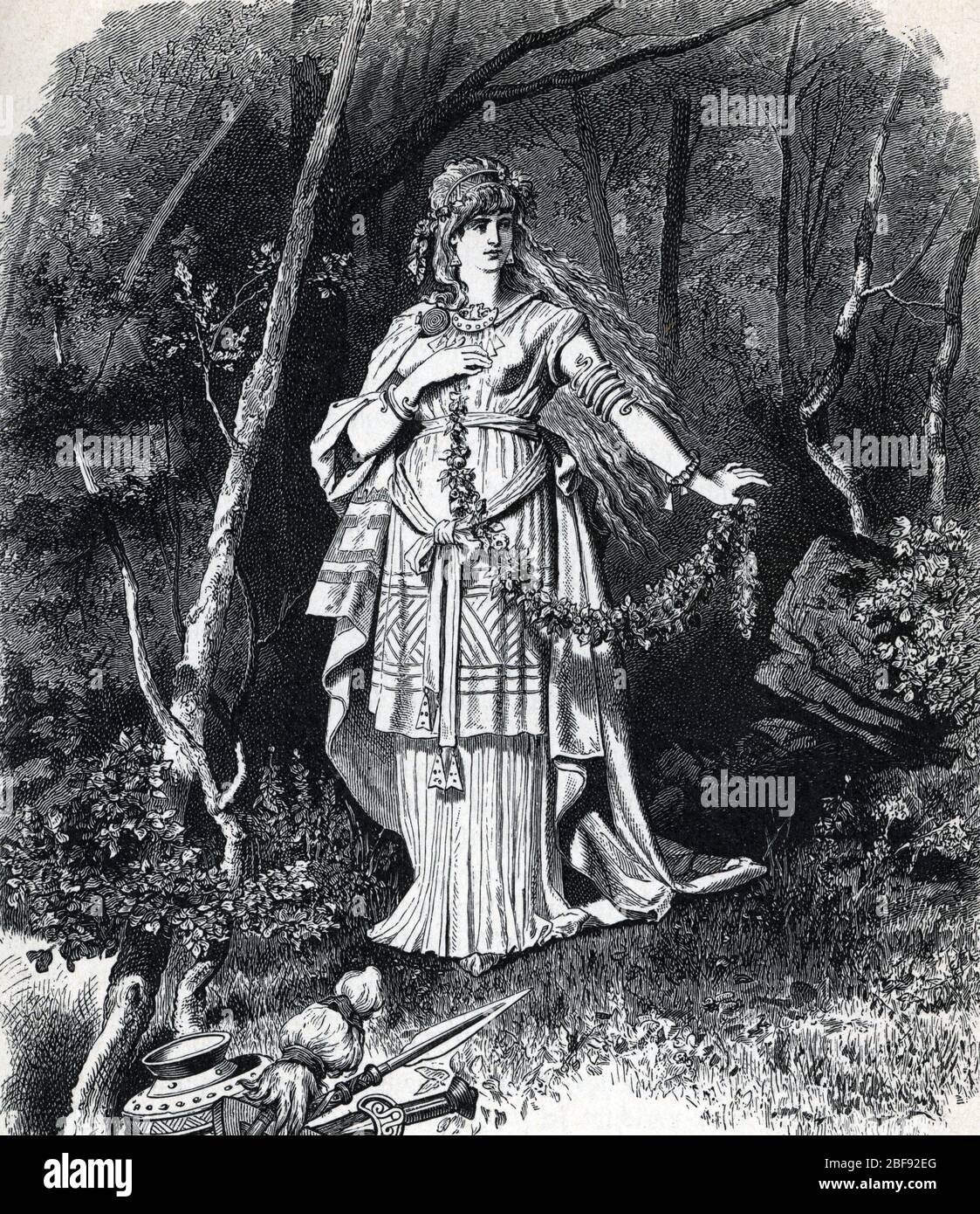 Mythologie nordique : representation de Freyja (Norse mythology : the goddess Freyja (Freya, Freyia, and Freja) Gravure tiree de 'Nordisch-germanische Stock Photo